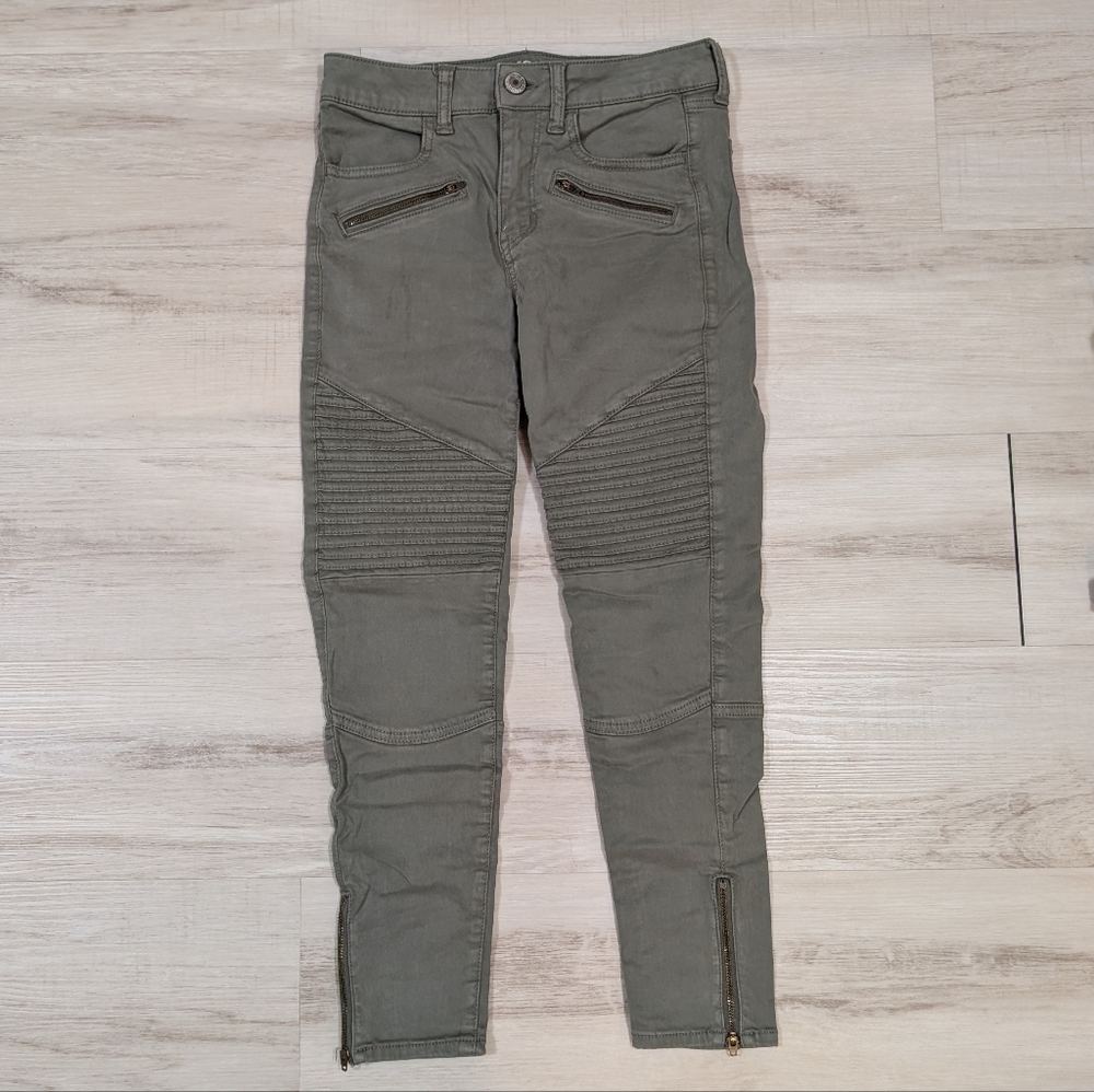 Olive Green Moto Style Pants - American Eagle Size 4 Short